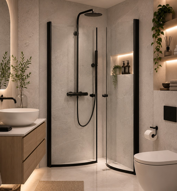 Scandinavian bathroom with folding shower door